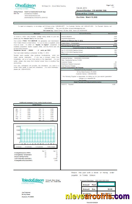 USA OHIO EDISON utility bill